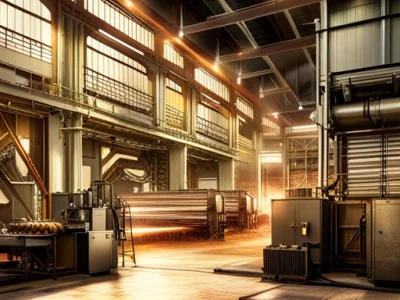 A high-tech aluminum ingot manufacturing factory machinery setup. It should feature conveyor belts, robotic arms, and large crucibles of molten aluminum. The backdrop should be dimly lit for dramatic effect, with focused lighting on the machinery. Ideally, the composition should emphasize the precision and detail of the machinery, capturing its complexity and sophistication.