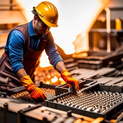 An image of a sorting worker sorting Aluminum from other metals in a factory-like setting. The worker should be seen wearing all necessary safety gear as he throws the sorted Aluminum into a furnace with a bright orange glow. The other metals in the background should be blurred out, while the overall color scheme should be dominated by yellows and oranges to emphasize the heat of the furnace. The worker should be shown with a serious expression on their face to suggest the importance of safety measures in the work environment. An image of a sorting worker sorting Aluminum from other metals in a factory-like setting. The worker should be seen wearing all necessary safety gear as he throws the sorted Aluminum into a furnace with a bright orange glow. The other metals in the background should be blurred out, while the overall color scheme should be dominated by yellows and oranges to emphasize the heat of the furnace. The worker should be shown with a serious expression on their face to suggest the importance of safety measures in the work environment.